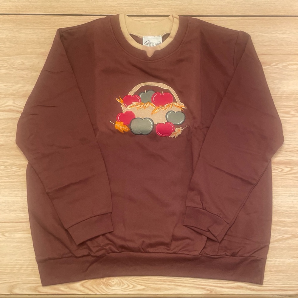 Easy Essentials Women’s Brown Xl Embroidery Fall Crewneck Sweatshirt NWOT